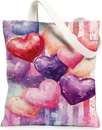 Generic ValentineS Day Heart Canvas Tote Bags, Colorful Love Pattern Reusable Bags, Artistic Lightweight Washable Shoulder Canvas, Multicolor, 13x15 Inch