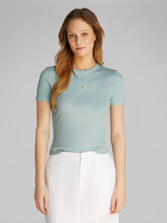 Calvin Klein Jeans T-Shirt CALVIN KLEIN JEANS WOVEN LABEL RIB FITTED TEE, Damen, Gr. XXS (32), blau (cloud blau), Rippware, Obermaterial: 94% Baumwolle, 6% Elasthan, uni