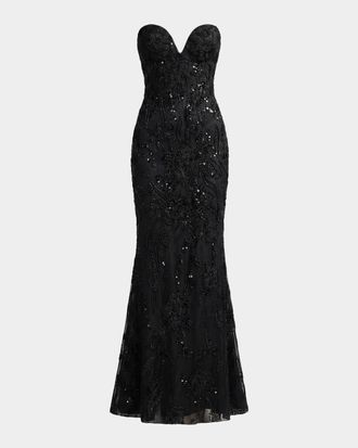 Mac Duggal Floral Embellished Mesh Strapless Column Gown