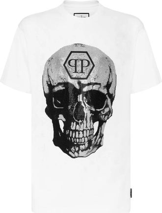 Philipp Plein T-shirt Ronde Hals SS Skull and Plein met Kristallen - unisex - T-shirts - Wit - XL - Katoen - Tops
