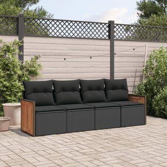 vidaXL Juego De Sof&aacute;s Jard&iacute;n 4 Pzas Con Cojines Rat&aacute;n Sint&eacute;tico Negro Vidaxl