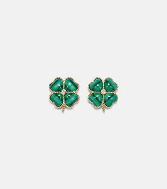 Yvonne L&eacute;on Yvonne L&eacute;on Puces D&ocirc;me Tr&egrave;fle 9kt gold earrings with malachite and diamonds
