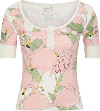 Chlo&eacute; Flamingo-print Stretch-cotton top - Ivory - XL (UK16 / XL)