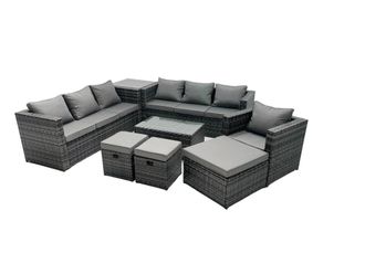 Fimous 10-seater Patio Coffee Table Sofa Set with 3 Stools Side Table in Dark Grey