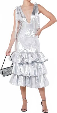 Amylynn Metallic Plunge Neck Dress In Silver