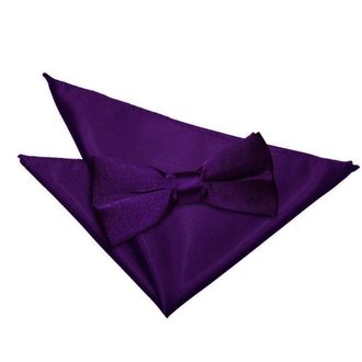 DQT Men Pre-Tied Plain Satin Adjustable Bow Tie + Pocket Square - Purple