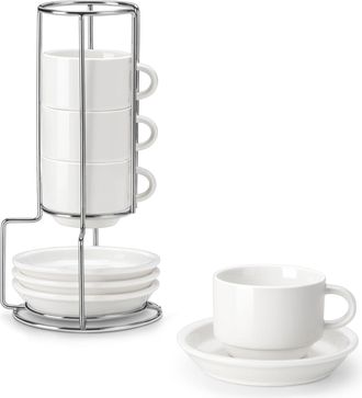OEM Juego De 4 Tazas De Caf&eacute; Para 4 Personas, 90 Ml, Apilables, Con Platillo Y Soporte Met&aacute;lico, Ideal Para Espresso, Capuchino, Latte, Moca Y T&eacute;, Color B