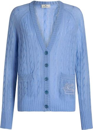 Etro Pegaso-motif cable-knit cardigan - women - Cotton - 38 - Blue