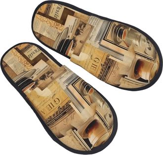 Generic Fluffy Slipper Vintage Coffee Retro Newspaper Plush Winter Slippers Non-Slip Lightweight Ladies Slippers Indoor Guest L