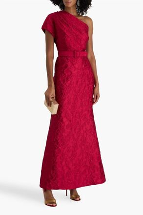 Badgley Mischka One Shoulder Draped Cloqu&eacute; Evening Gown In Ruby