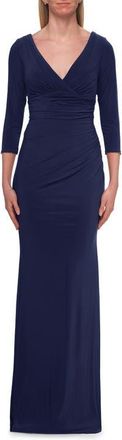 La Femme V-Neck Ruched Gown with Three-Quarter Sleeves in Navy at Nordstrom, Size 14