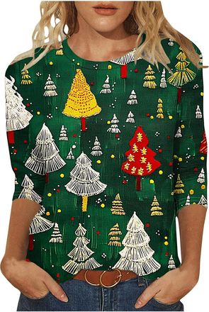 Generic Women Christmas Tops 3/4 Sleeve Xmas Tree Graphic T-shirt Sequin Christmas Tree Printed Shirts Novelty Funny Christmas Holiday Festive Tops Casual Blo