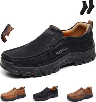 Generic Mens Handcrafted Leather Waterproof Non-Slip Orthopaedic Ankle Boots Comfortable Outdoor Casual Platform Lightweight Hiking Shoes (Black,9.5)