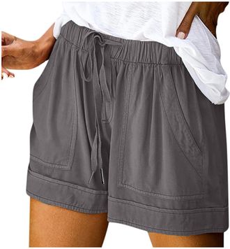 Generic Shorts for Women UK High Waist Elastic Ladies Short Pants Solid Color Summer Shorts Breathable Casual Clothes with Pockets Womens Holiday Clothes,Gray