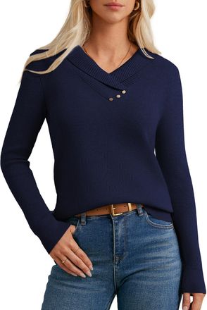 Grace Karin Ladies Festive Going Out Tops V Neck Basic Jumper Business Office Long Sleeve Blouses Navy Blue XL