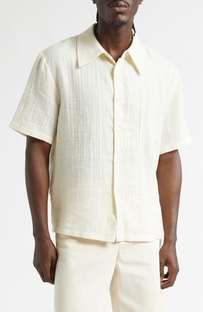 S&eacute;fr Dayot Short Sleeve Cotton & Linen Button-Up Shirt in Dog Days Ecru at Nordstrom, Size X-Large