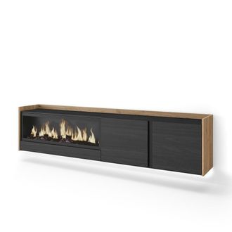 Skraut Home Mueble tv efecto madera negro roble 212x35x50cm chimenea efecto fuego