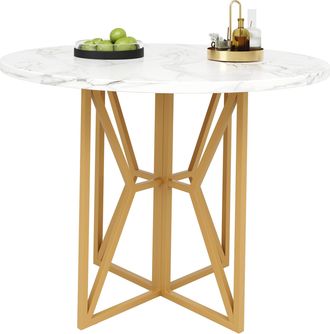 STILVORA Mesa De Comedor Redonda En Mdf Y Metal Con Motivo Marmoleado, Patas Ajustables - 80&times;80&times;76 Cm, Dorado