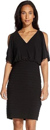 Adrianna Papell Dress Black Beaded Pintuck Cold Shoulder V-Neck JZZ170