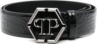 Philipp Plein hexagon logo-buckle leather belt - men - Calf Leather - 120 - Black