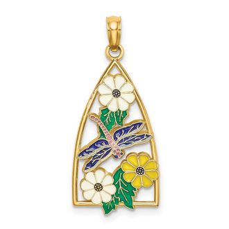 Diamond2Deal 14k Yellow Gold Enamel Dragonfly Flowers Triangle Charm