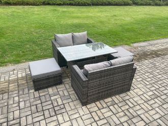 Fimous Garden Patio Furniture Wicker Rattan Oblong Rectangular Dining Table & Loveseat Sofa set with 2 Big Footstool in Dark Grey