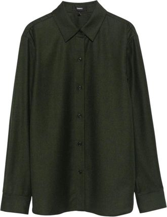 Theory Groene Overhemd Italiaanse Wollen Flanel - Dames - Overhemden - Groen - L - Wol - Overhemden