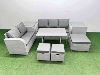 Fimous Rectangular Dining Table Sofa Set with Stool 2 Side Tables Light Grey