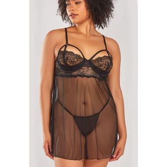 iCollection Demure Strappy Lace Babydoll Set in Black at Nordstrom, Size 1X