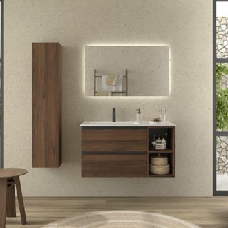 Cygnus Bath Mueble De Ba&ntilde;o Bequia Plus Metal 90cm Nogal Lavabo Porcelana Grifo Izquierda 2h