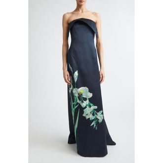 Erdem Floral Duchess Bustier Gown in Mirrored Orchid Navy at Nordstrom, Size 12