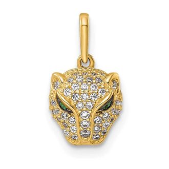 Diamond2Deal 14k Yellow Gold Polished Green & White Cubic Zirconia Lioness Head Pendant