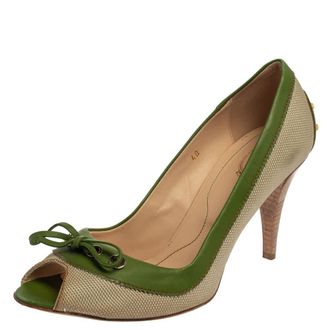 Tod's Tods Beige/green Canvas And Leather Peep Toe Slip On Pumps