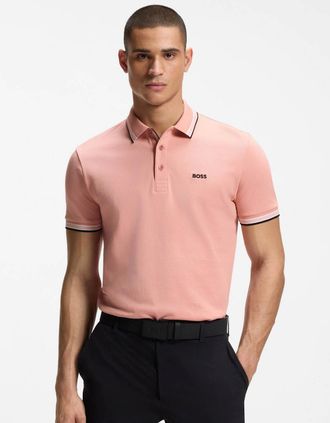 HUGO BOSS Mens BOSS Green Paddy Mens Cotton-Piqu&eacute; Polo Shirt with Contrast Logo - Light/Pastel Pink 686 - Size: 38