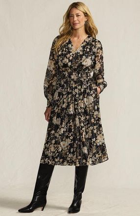 Lands End Lurex Shadow Stripe Midi Dress in Black/pumice Stone Floral at Nordstrom, Size X-Small