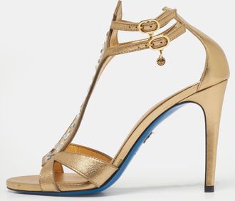 Loriblu Gold Leather Crystal Embellished Ankle Strap Sandals
