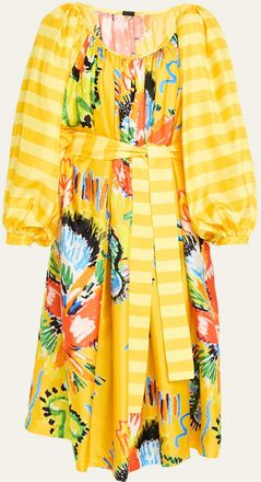 Rianna + Nina Tropical Striped Silk Balloon Sleeve Midi Dress