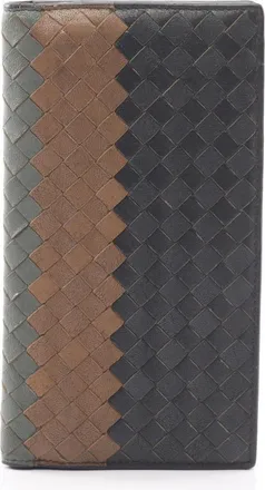 Bottega Veneta Intrecciato Beige Green Navy Leather Long Wallet (Bi-Fold) (Pre-Owned)
