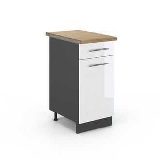 Vicco Mueble Bajo De Cocina Fame-line, Blanco Alto Brillo, 40 Cm, Et Roble