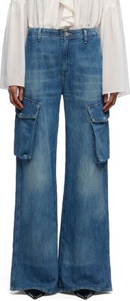 7 For All Mankind Lotta High Waist Wide Leg Cotton & Linen Cargo Jeans in Ocean Mist at Nordstrom, Size 28