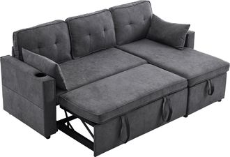 STILVORA Sof&aacute; Cama De Esquina De 3 Plazas En Algod&oacute;n Y Lino Con Canap&eacute;, Chaise Longue, 2 Portavasos Y 2 Cojines, Gris