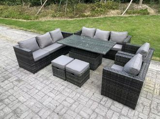 Fimous 10 Seater Wicker PE Garden Furniture Rattan Sofa Set Outdoor Adjustable Rising Lifting Dining Table Set in Dark Grey
