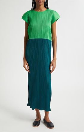Pleats Please Issey Miyake Swing Colorblock Pleated Convertible Midi Dress in Green at Nordstrom, Size 3