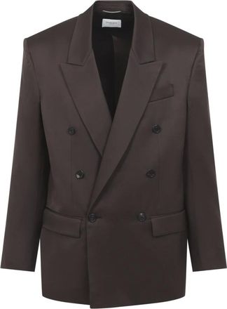 Saint Laurent Jassen, Heren, Bruin, L, Satijn, Double-breasted Zijden Blazer