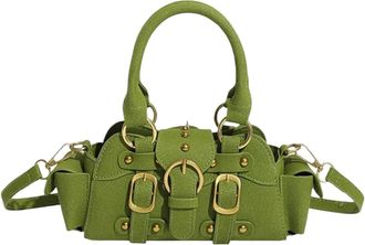 Generic Womens PU Studded Crossbody, Vintage-Inspired Top Handle Small Handbag, Fall Chic Belt Buckle Design Shoulder Purse(Green)
