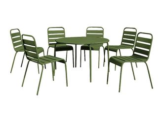 Vente-Unique Comedor de jard&iacute;n de metal - Mesa redonda D.130cm y 6 sillas apilables - Verde caqui - MIRMANDE de MYLIA