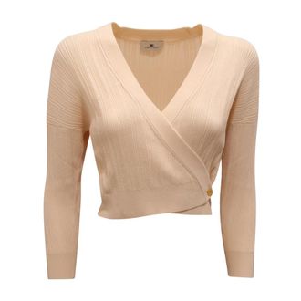 Elisabetta Franchi V-neck Knitwear, female, Beige, Size: 2XL Mk-69S-52E2 V-neck Knit Top