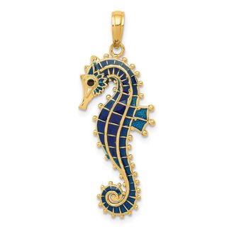 Diamond2Deal 14k Yellow Gold 3-D Blue Enameled Seahorse Pendant