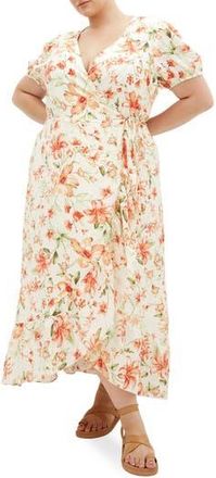 City Chic Sarina Floral Print Midi Wrap Dress in Peachy Floral at Nordstrom Rack, Size Xs/14W