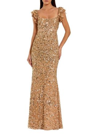 Mac Duggal Sequin Mesh Ruffle Sleeve Trumpet Evening Gown in Gold Nude at Nordstrom, Size 10